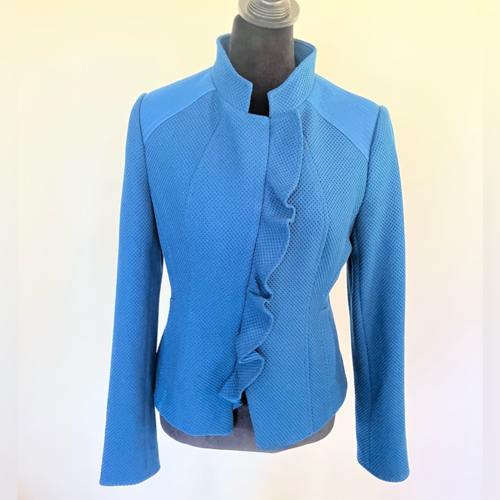 White House Black Market Blue Flounce Front Suit Jacket Size 4